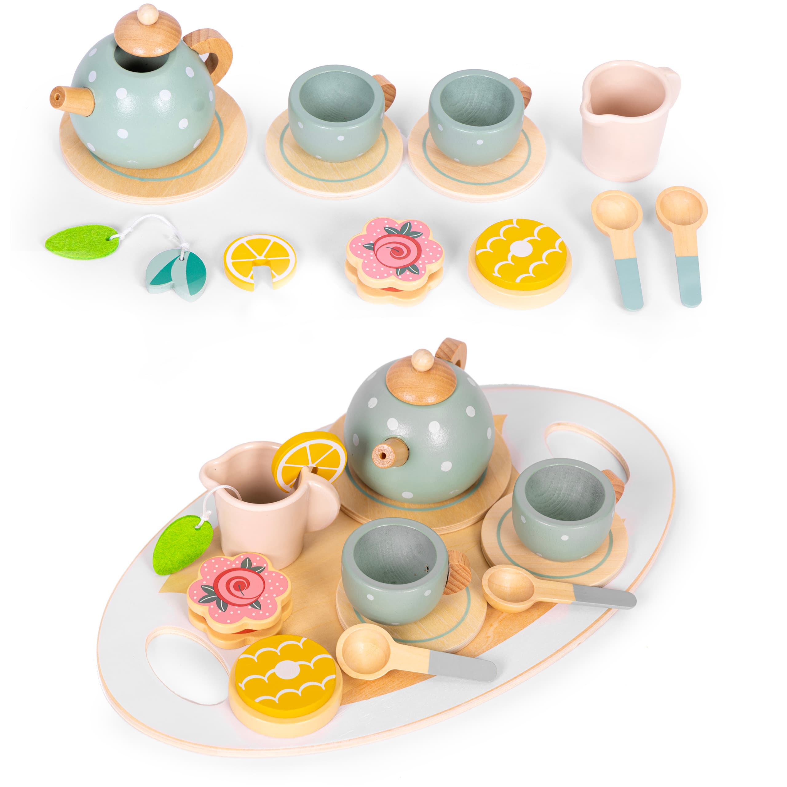 Drewniany zestaw do herbaty dzbanek filiżanki 14 elementów ECOTOYS
